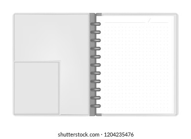 Open discbound notebook with interior pocket top view, vector mock up. Gray leather disc bound journal spread isolated on white background, template. Hard cover loose leaf business diary, mockup