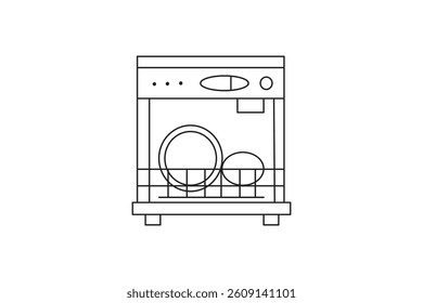Open dishwasher with clean dishes and utensils minimalist singe  line art  Illustration