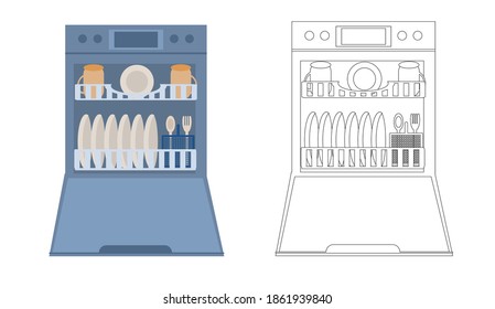 Abran el lavavajillas con platos en el interior. Aparato doméstico moderno para lavar platos, aislado en un fondo blanco. Ilustración vectorial en estilo plano y lineal