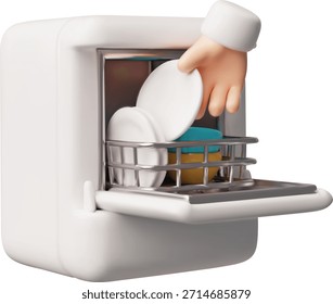 Abrir máquina de lavar louça com mão carrega ícone de estilo plástico 3D desenho animado kitchenware. Equipamento doméstico de cozinha. Eletrodoméstico. Máquina de lavar louça com pratos e canecas. Ilustração de renderização de vetor