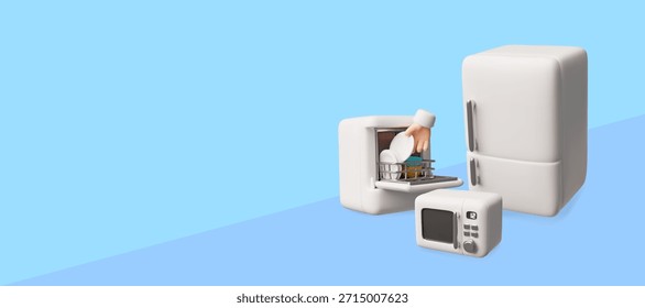 Abrir máquina de lavar louça com cargas à mão kitchenware. Geladeira, geladeira e micro-ondas. Design de banner de vetor estilo plástico 3D cartoon. Equipamento doméstico de cozinha. Eletrodoméstico