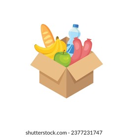 Open donation box with food. Donating for charity. Vector illustration isolated on white background.
