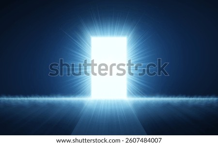 Open door with abstract light on blue background. Digital gateway, virtual doorway, technology escape, conceptual entrance, futuristic threshold, cyber door, symbolic exit, tech horizon.