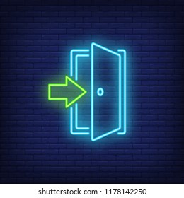 Open door with arrow neon sign. Information and entrance design. Night bright neon sign, colorful billboard, light banner. Vector illustration in neon style.