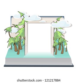 Open door in beautiful landscape inside a book. Vector design.