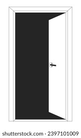 Objeto de dibujo animado de 2D en blanco y negro de puertas abiertas. Salir del elemento de contorno vectorial aislado de la puerta. Deja el trabajo. Interior de entrada. Acceso. Entrada. Ilustración de punto plano monocromático de salida de emergencia