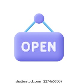 Open door board sign, label with text. Shopping commerce concept. 3d vector icon. Cartoon minimal style.