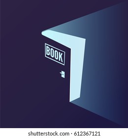 Open door as book with bright light. knowledge and imagination from book. reading book for boost up your creative concept. vector illustration