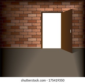 Open door in brick wall. Vector illustration