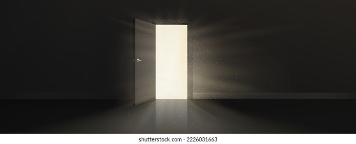 Open door with bright light behind in dark room. Concept of future, new opportunity, freedom, discovery or mystery. Empty room with glow with gold sparkles from doorway, vector realistic illustration