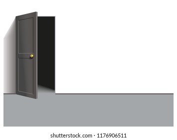 An open door in a bright room. The darkness in the doorway. Vector background.