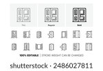 Open door, Building entry, Emergency exit. Entrance line icons. Closed doorway, Doorframe, House entrance outline icons. Door knob, home entry, building access. Interior gate, double door. Vector