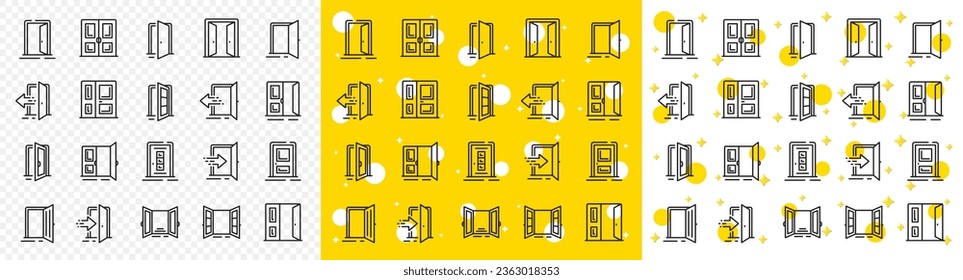 Open door, Building entry, Emergency exit. Entrance line icons. Closed doorway, Doorframe, House entrance outline icons. Door knob, home entry, building access. Interior gate, double door. Vector