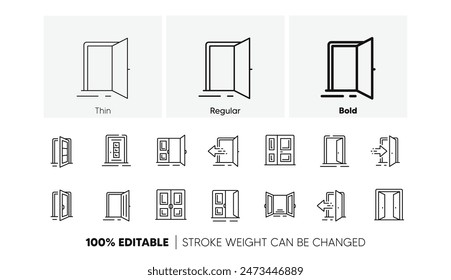 Open door, Building entry, Emergency exit. Entrance line icons. Closed doorway, Doorframe, House entrance outline icons. Door knob, home entry, building access. Interior gate, double door. Vector