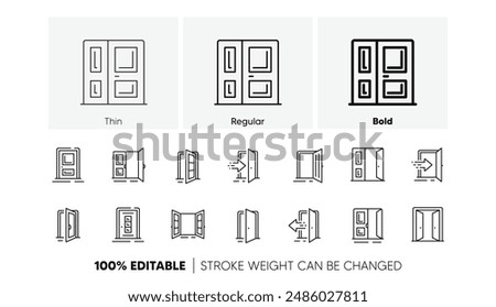 Open door, Building entry, Emergency exit. Entrance line icons. Closed doorway, Doorframe, House entrance outline icons. Door knob, home entry, building access. Interior gate, double door. Vector