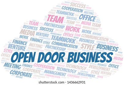 Open Door Business word cloud. Collage made with text only.