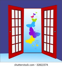 open door with butterflies concept vibrant colors