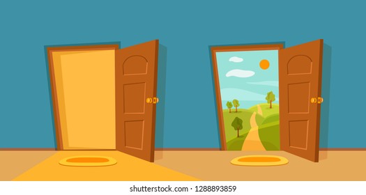 Open door cartoon colorful vector illustration with valley summer sun landscape with road, trees green field. House apartment entrance corridor flat design. Home exit interior view freedom concept. 