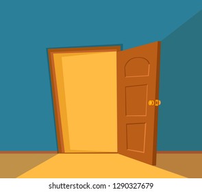 Open door cartoon colorful vector illustration. House apartment entrance corridor flat design background.  Home exit interior view freedom concept. 