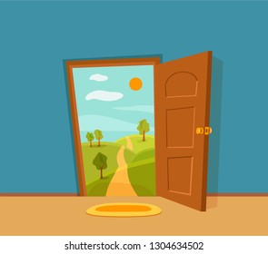 Open door cartoon colorful vector illustration with valley summer sun landscape with road, trees green field. House apartment entrance corridor flat design. Home exit interior view freedom concept. 