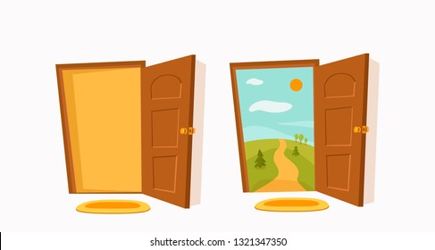 Open door cartoon colorful vector illustration with valley summer sun landscape with road, trees green field. House apartment entrance corridor flat design. Home exit interior view freedom concept. 