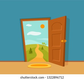 Open door cartoon colorful vector illustration with valley summer sun landscape with road, trees green field. House apartment entrance corridor flat design. Home exit interior view freedom concept. 