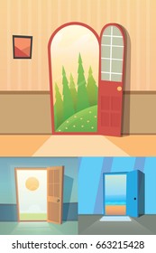 Open door cartoon vector collection. set of four cute doors.