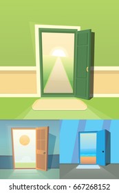 Open door cartoon vector collection. set of four cute doors.