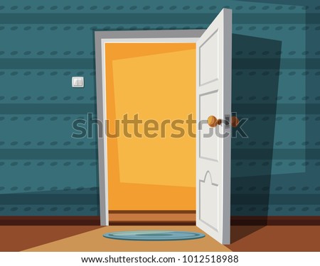 Open door. Cartoon vector illustration. Inside of home