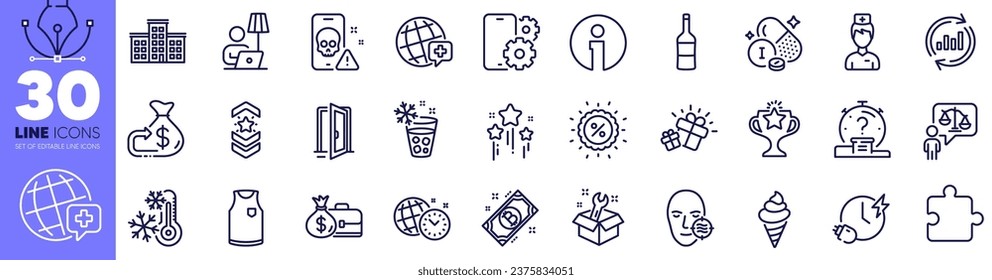 Open door, Charging time and Wine line icons pack. Phone service, Floor lamp, T-shirt web icon. Iodine mineral, Freezing, Puzzle pictogram. Victory, Cashback, Shoulder strap. Salary. Vector