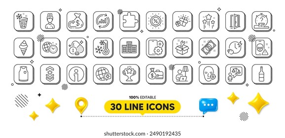 Open door, Charging time and Wine line icons pack. 3d design elements. Phone service, Floor lamp, T-shirt web icon. Iodine mineral, Freezing, Puzzle pictogram. Vector