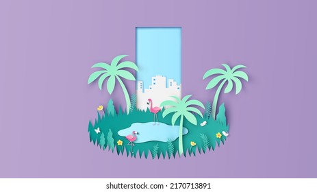 Open Door From The City To Tropical Forest. Tropical Forest Landscape In Door. Spring Forest. Paper Cut And Craft Style. Vector, Illustration.