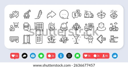 Open door, Cocktail and Brand ambassador line icons pack. Social media: share, comment, like icons. Auction hammer, Gift, Computer keyboard web icon. Get box, Teamwork, Left arrow pictogram. Vector