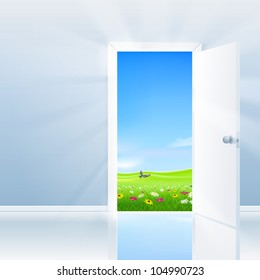 Open door concept. Door opens to a beautiful lush field under a blue sky.