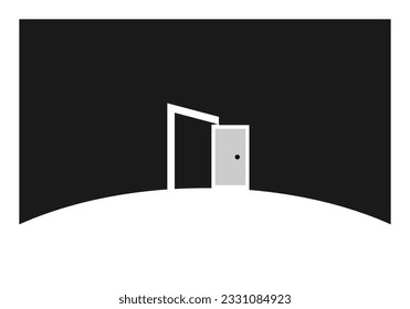 Una puerta abierta en la oscuridad de la noche, sólo una puerta a otro mundo.fondo vectorial, ilustración, negro y blanco. adecuado para fondos, colgaduras de pared, carteles, impresión de pantalla.