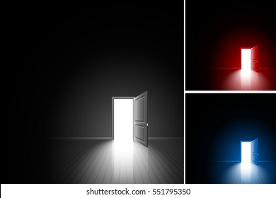 Open door in a dark room; Bright light outside - illuminates the floor; The concept of only decision, daring choice, exit, finding of freedom; Chance to achieving the goal; Vector background set Eps10