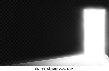 Open the door in a dark room with light passing through it. Light enters through the gap on a transparent background.