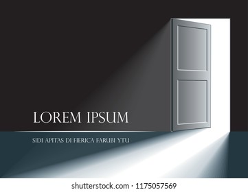 Eine offene Tür in einem dunklen Raum. Licht in der Tür.Vektorillustration, Hintergrund.