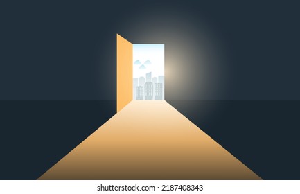 Open door from dark room to light coming world wide city for life freedom. concept hope, contrast and real life. vector, illustrator.