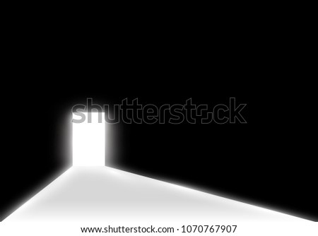 Open the door in a dark room with light passing through it. Light enters through the gap on a transparent background.