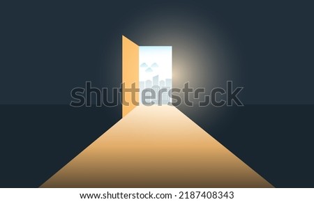 Open door from dark room to light coming world wide city for life freedom. concept hope, contrast and real life. vector, illustrator.