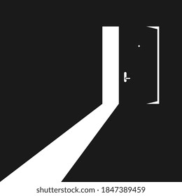 Open Door in dark room symbol of hope or solution. Light in room through open door.