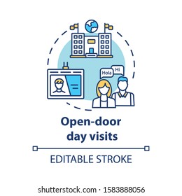 Open Door Day Visits Concept Icon. Presentation Of International University. Study Invitation. University Entrance Idea Thin Line Illustration. Vector Isolated Outline Drawing. Editable Stroke