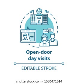 Open door day visits concept icon. Presentation of international university. Study invitation. University entrance idea thin line illustration. Vector isolated outline drawing. Editable stroke