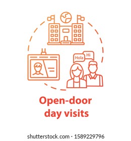 Open door day visits concept icon. Presentation of international university. Study invitation. University entrance idea thin line illustration. Vector isolated outline drawing