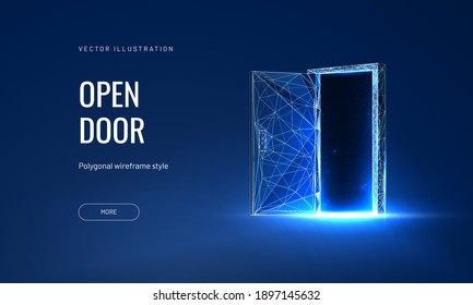 Open door digital vector illustration on a blue background. Futuristic science fiction concept of doorway. Technology portal in a polygonal wireframe glowing style