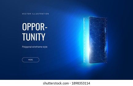 Open door digital vector illustration on a blue background. Futuristic science fiction concept of doorway. Technology portal in a polygonal wireframe glowing style
