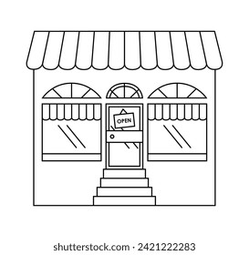 Open door and display window black and white vector illustration