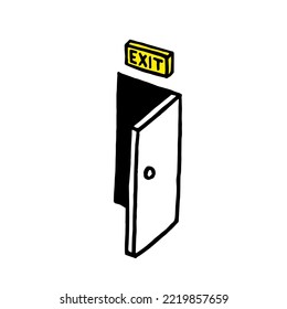 Open Door Doodle Drawing Graphic. Hand Drawn Cartoon Doorway Exit Sign. Vector Illustration.