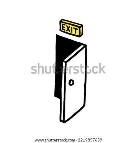Open door doodle drawing graphic. Hand drawn cartoon doorway exit sign. Vector illustration.
